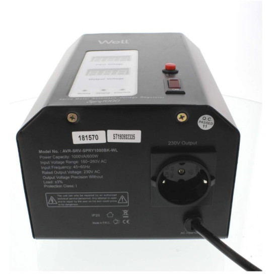 Stabilizator automat de tensiune cu servomotor Well Spry 1000VA/600W, montabil pe perete, negru