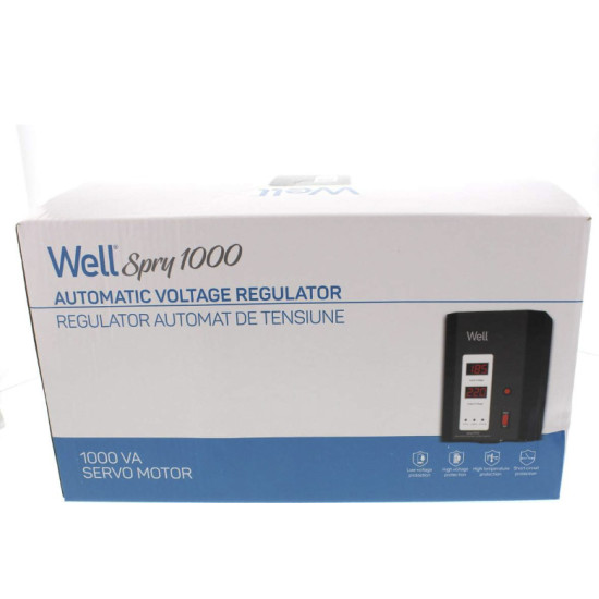Stabilizator automat de tensiune cu servomotor Well Spry 1000VA/600W, montabil pe perete, negru