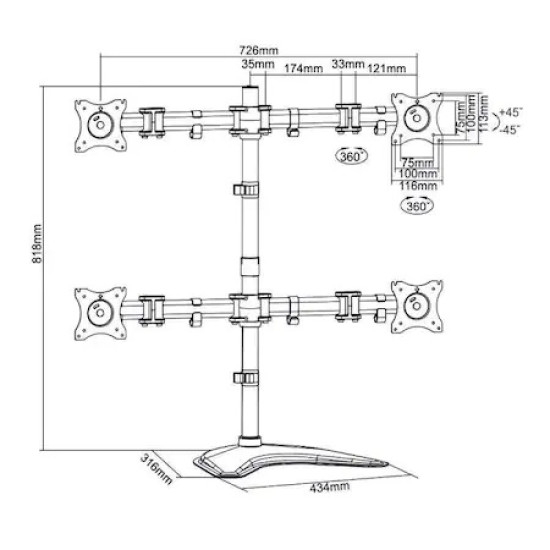 Suport birou 4 Monitoare Sbox LCD-F048, 13“ - 32“, Negru