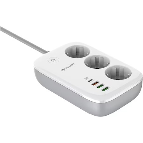 Prelungitor WiFi Tellur Smart, 3 porturi, PD30W, QC18W, 2xUSB 2.4A, 2500W, 10A, 2m