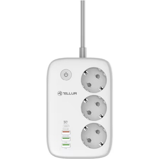 Prelungitor WiFi Tellur Smart, 3 porturi, PD30W, QC18W, 2xUSB 2.4A, 2500W, 10A, 2m