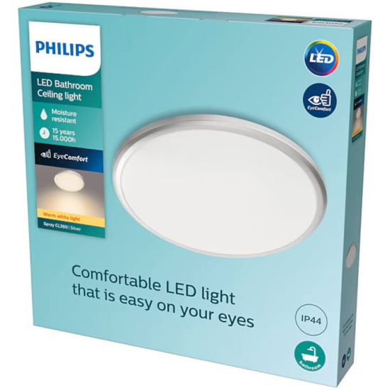 Plafoniera LED Philips Spray CL260, 17W, 1500 lm, lumina calda (2700K), IP44, 34.7cm, Argintiu