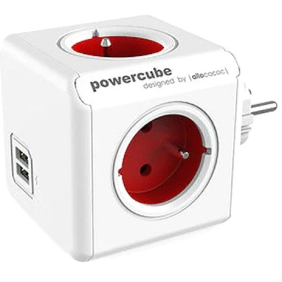 Priza/prelungitor PowerCube Allocacoc 1202RD Original, 2xUSB 2.1A, 4 prize, Rosu
