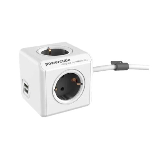 Prelungitor PowerCube Allocacoc 1402GY, 4 prize, USB, 1.5m, Gri