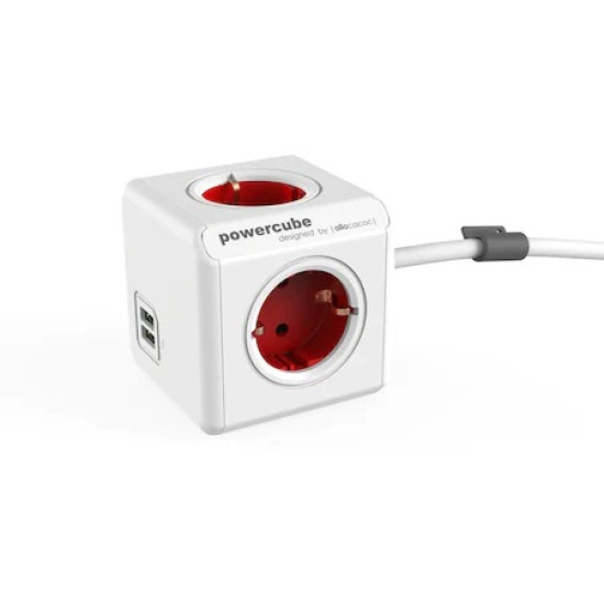 Priza/prelungitor PowerCube Allocacoc 1402RD, 2xUSB, 4 prize, cablu 1.5m, Rosu