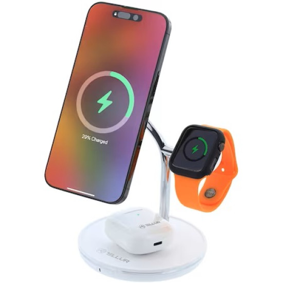 Incarcator wireless birou Tellur, 3-in-1, certificat MagSafe 15W, Watch 2.5W, TWS 5W, alb