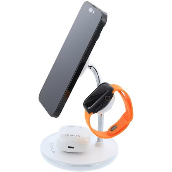 Incarcator wireless birou Tellur, 3-in-1, certificat MagSafe 15W, Watch 2.5W, TWS 5W, alb