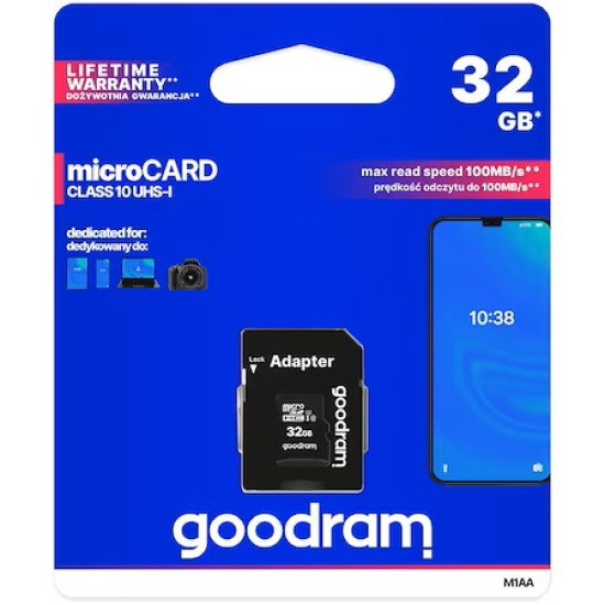 Card de memorie microSD Goodram 32GB,UHS I,cls 10 + adaptor, M1AA-0320R12