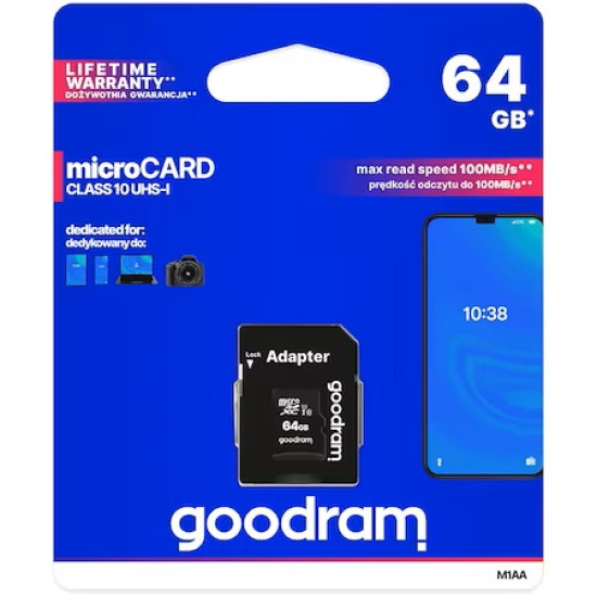 Card de memorie microSD Goodram 64GB,UHS I,cls 10 + adaptor, M1AA-0640R12