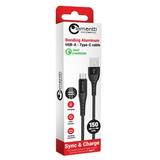 Lemontti Cablu Bending Aluminum USB-A la Type-C, Fast Charge, 1.5m, Negru