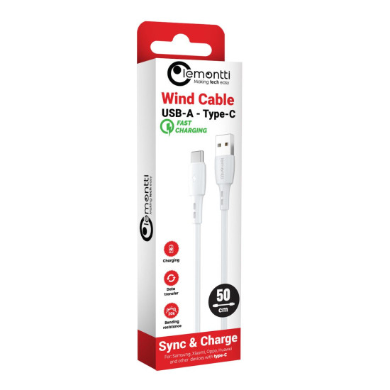 Lemontti Cablu Wind Fast Charge USB-A la Type-C, 0.5m, Alb