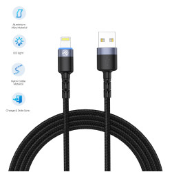 Cablu Lightning cu LED, nailon, 1..2m, negru.