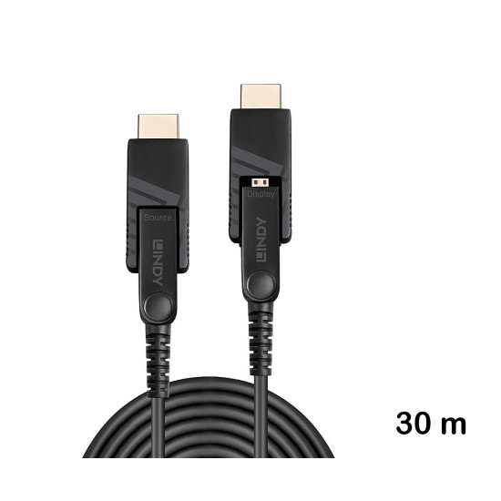 Cablu hibrid micro-HDMI 4K60 cu fibră optică de 30 m, cu conectori HDMI și DVI detașabili, Lindy 38322