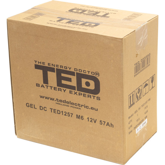 Acumulator AGM VRLA 12V 57Ah GEL Deep Cycle Dimensiuni 229 x 138 x 209 mm M6 - TED003393 (1)