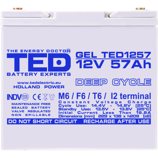 Acumulator AGM VRLA 12V 57Ah GEL Deep Cycle Dimensiuni 229 x 138 x 209 mm M6 - TED003393 (1)