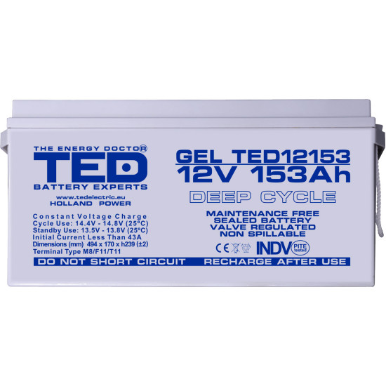 Acumulator AGM VRLA 12V 153Ah GEL Deep Cycle Dimensiuni 494 x 170 x 239 mm M8 - TED003515 (1)