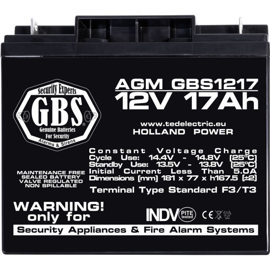 Acumulator AGM VRLA 12V 17Ah Dimensiuni 181 x 77 x 167,5 mm Sisteme Securitate F3 GBS - GBS002679 (2)