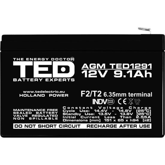 Acumulator AGM VRLA 12V 9,1Ah Dimensiuni 151 x 65 x 94 mm F2 - TED003263 (5)
