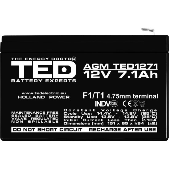Acumulator AGM VRLA 12V 7,1Ah Dimensiuni 151 x 65 x 94 mm F1 - TED003416 (5)