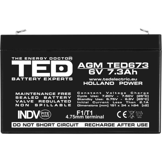 Acumulator AGM VRLA 6V 7,3Ah Dimensiuni 151 x 34 x 94 mm F1 - TED002976 (10)