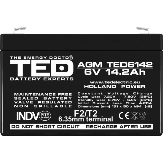 Acumulator AGM VRLA 6V 14,2Ah Dimensiuni 151 x 50 x 94 mm F2 - TED003034 (10)