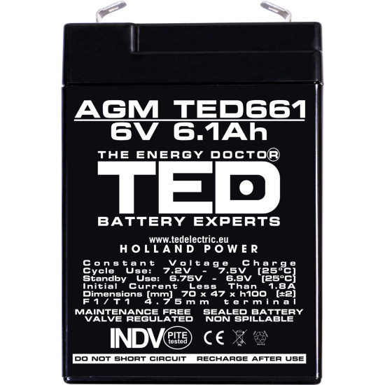Acumulator AGM VRLA 6V 6,1Ah Dimensiuni 70 x 47 x 100 mm F1 - TED002938 (20)