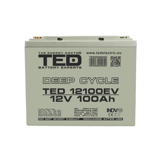 Acumulator AGM VRLA 12V 100A Deep Cycle Dimensiuni 260 x 168 x 210 mm Pentru Vehicule Electrice M6 - TED009050