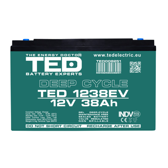Acumulator AGM VRLA 12V 38Ah Deep Cycle Dimensiuni 267 x 77 x 170 mm Pentru Vehicule Electrice M5 - TED008251 (4)