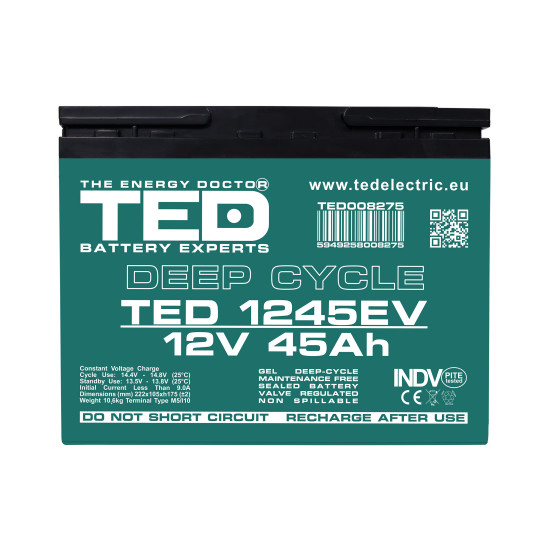 Acumulator AGM VRLA 12V 45Ah Deep Cycle Dimensiuni 222 x 105 x 175 mm Pentru Vehicule Electrice M5 - TED008275 (4)