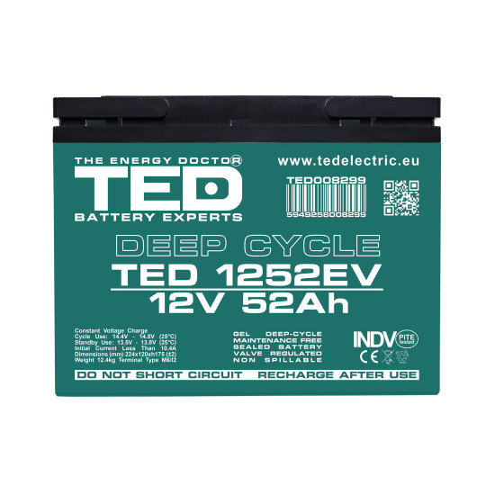 Acumulator AGM VRLA 12V 52Ah Deep Cycle Dimensiuni 224 x 120 x 175 mm Pentru Vehicule Electrice M6 - TED008299 (2)