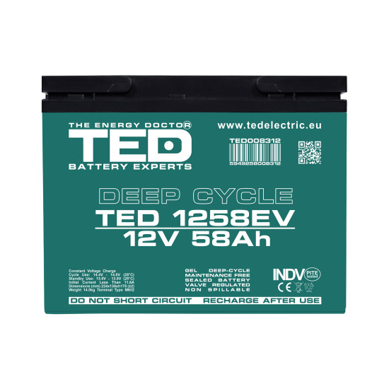 Acumulator AGM VRLA 12V 58Ah Deep Cycle Dimensiuni 224 x 135 x 175 mm Pentru Vehicule Electrice M6 - TED008312 (2)