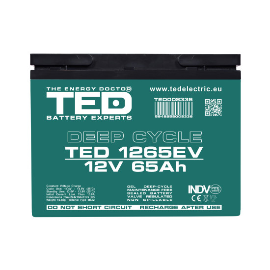 Acumulator AGM VRLA 12V 65Ah Deep Cycle Dimensiuni 224 x 150 x 175 mm Pentru Vehicule Electrice M6 - TED008336 (2)