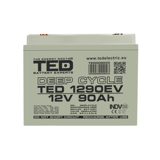 Acumulator AGM VRLA 12V 90A Deep Cycle Dimensiuni 260 x 168 x 210 mm Pentru Vehicule Electrice M6 - TED009043
