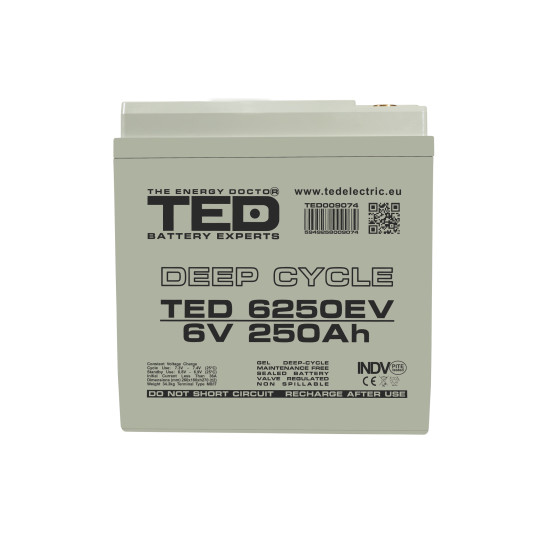 Acumulator AGM VRLA 6V 250A Deep Cycle Dimensiuni 260 x 180 x 270 mm Pentru Vehicule Electrice M8 - TED009074