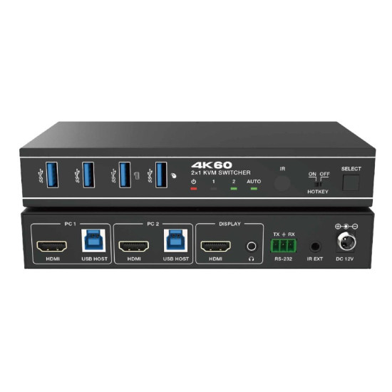 Switcher KVM 2x1, HDMI 4K@60, 18Gbps, HDCP2.3, HDR/HDR10/HDR10+/Dolby Vision, cu RS232 si telecomanda