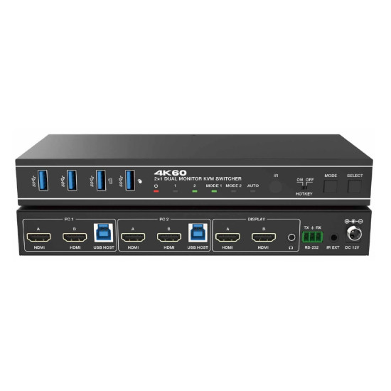 Switcher KVM 2x1, Dual HDMI 4K@60 Monitor, 18Gbps, HDCP2.3, HDR/HDR10/HDR10+/Dolby Vision, cu RS232 si telecomanda