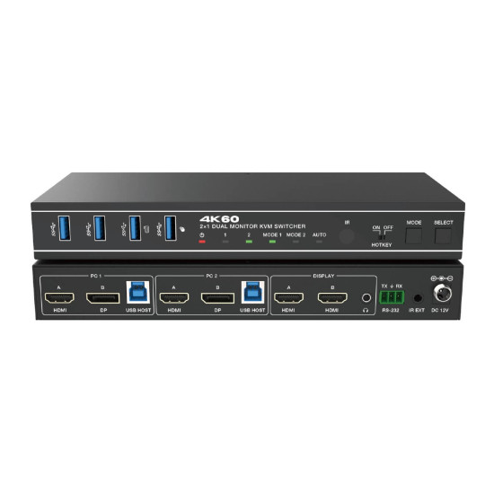 Switcher KVM 2x1,Dual=HDMI+DisplayPort=4K@60 Monitor,18Gbps,HDCP2.3,HDR/HDR10/HDR10+/Dolby Vision,RS232 si telecomanda