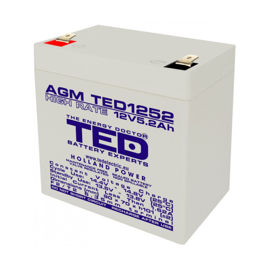 Acumulator AGM VRLA 12V 5,2Ah High Rate Dimensiuni 90 x 70 x 101 mm F2 - TED003287 (10)