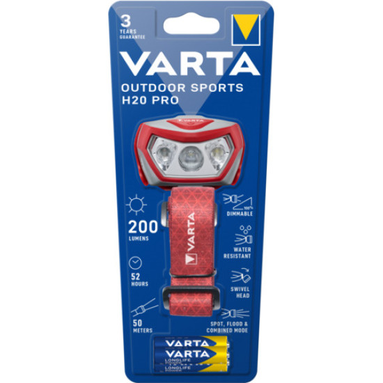 Varta lanterna de cap Outdoor Sports H20 Pro Led dimabil 200Lm/ 52h/ 50m/ IPX4, incl 3xAAA(R3) V17650101421 (1/4)