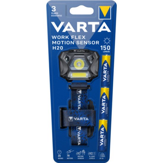 Varta lanterna de cap Work Flex MotionSensor H20 Led 3W + COB/ 150Lm/ 20h/ 78m/ IP54 incl 3xAAA(R3) V18648 (1/4)
