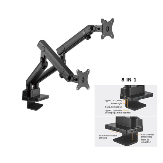 Suport 2 monitoare de masa cu Statie docking 8-in-1, Blackmount MNT20-2, 17"-32", max.8 kg/brat, otel, negru